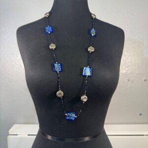 Long Cobalt Blue Glass Beaded Necklace Silver Accents  Adjustable Chain